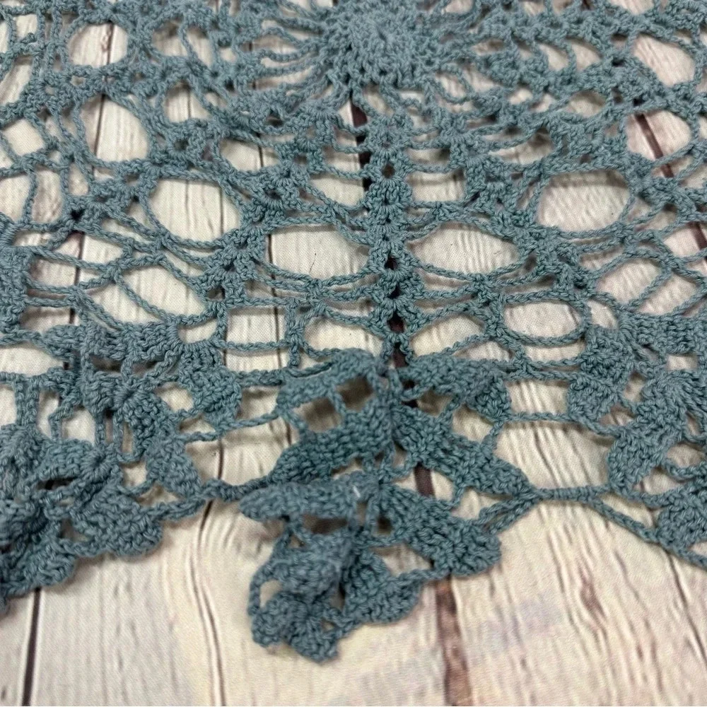 vintage dusty blue gray handmade crochet doily round snowflake design